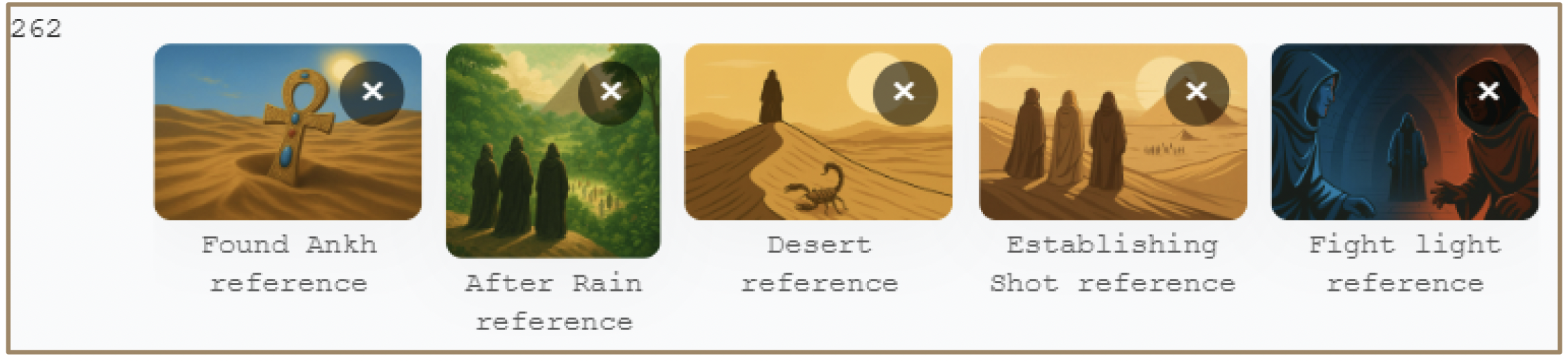 Reel layout arranging assets in a horizontal cinematic sequence